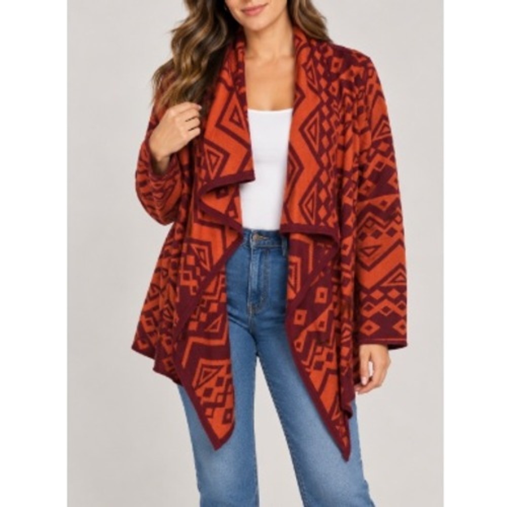 Staring at Stars Women's Orange Aztec Geometric Open Front Cardigan Size Medium
